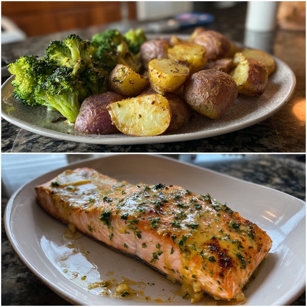 Lemon Butter Salmon with Roasted Potatoes and Broccoli