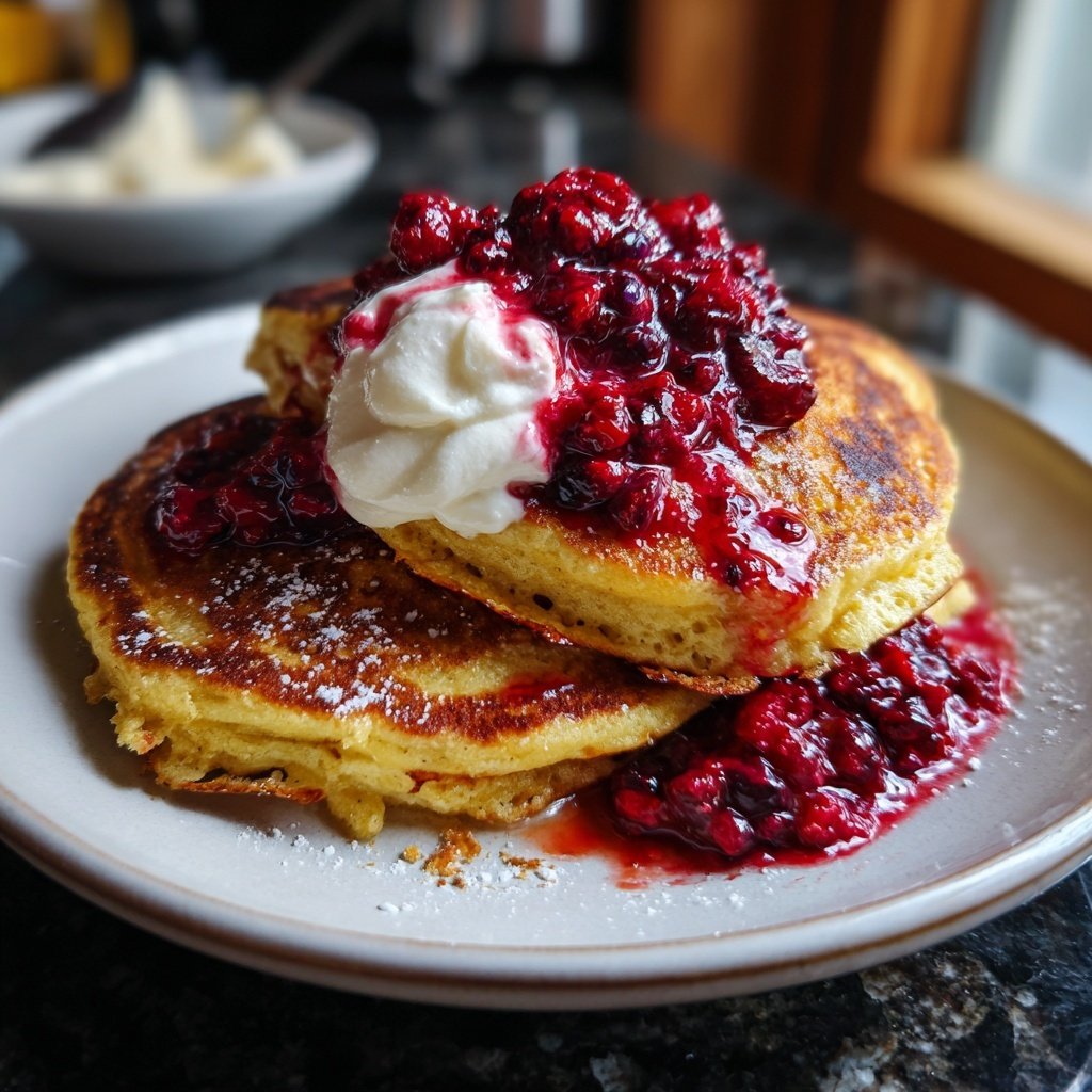 Ricotta Pancakes with Berry Compote and Mascarpone