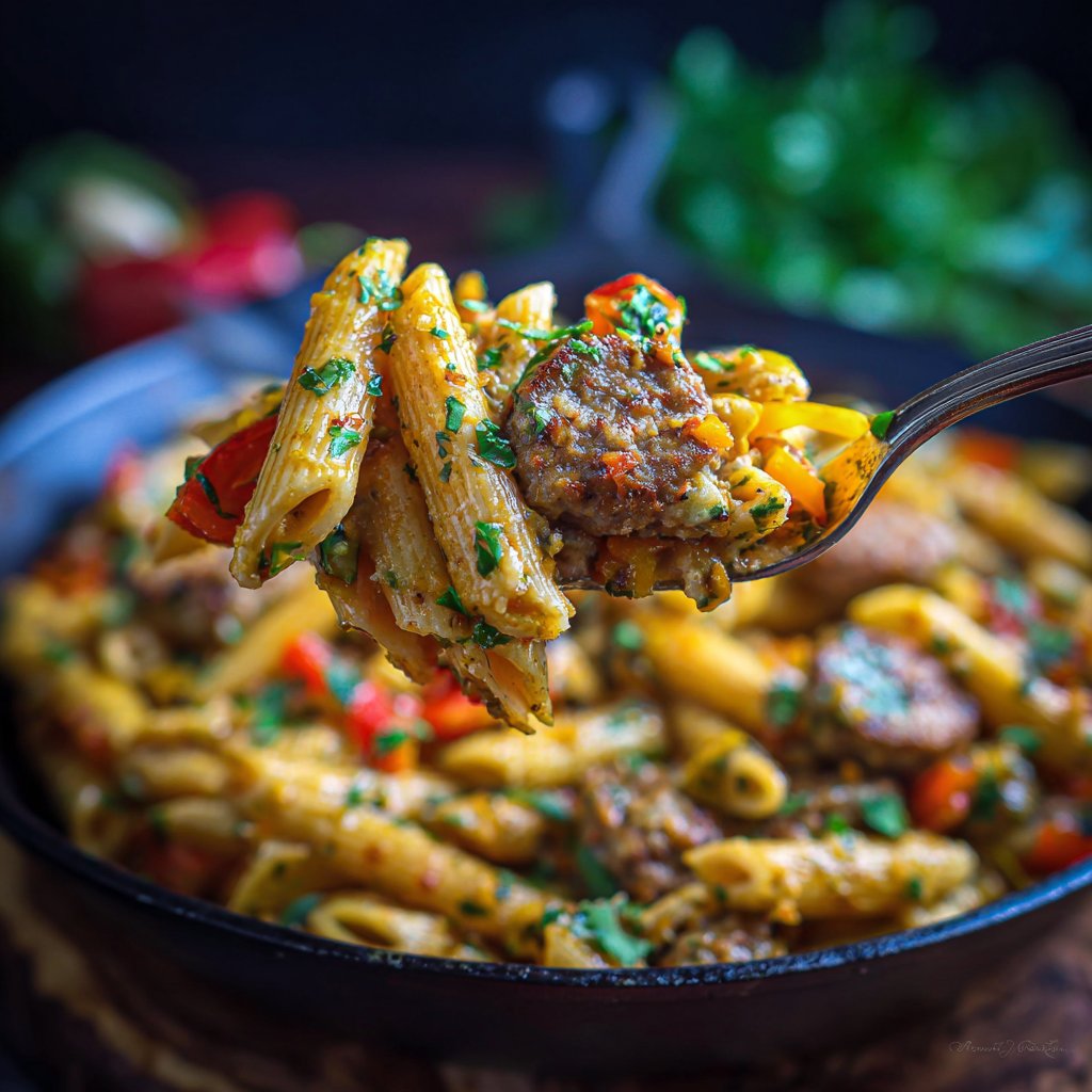 One Pot Cajun Sausage Pasta with Smoked Gouda