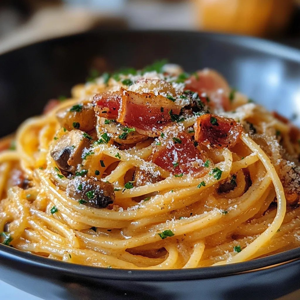 Pumpkin & Mushroom Spaghetti w/ Crispy Bacon